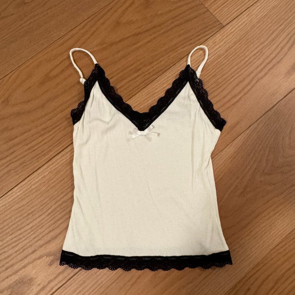 White Cropped Tank with Black Lace